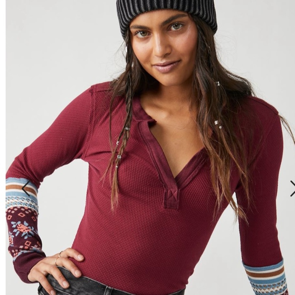 Free People Wine Combo Thermal Tee Size Large